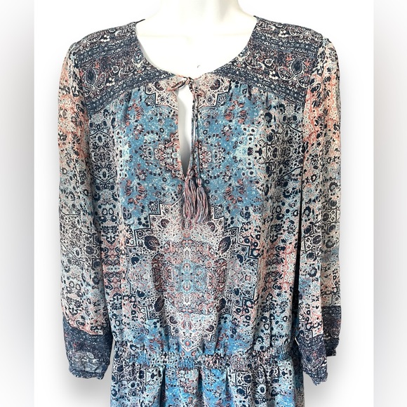 Joie Aidee Blue Printed Silk Chiffon Long Sleeve Mini Dress Large - Picture 3 of 9